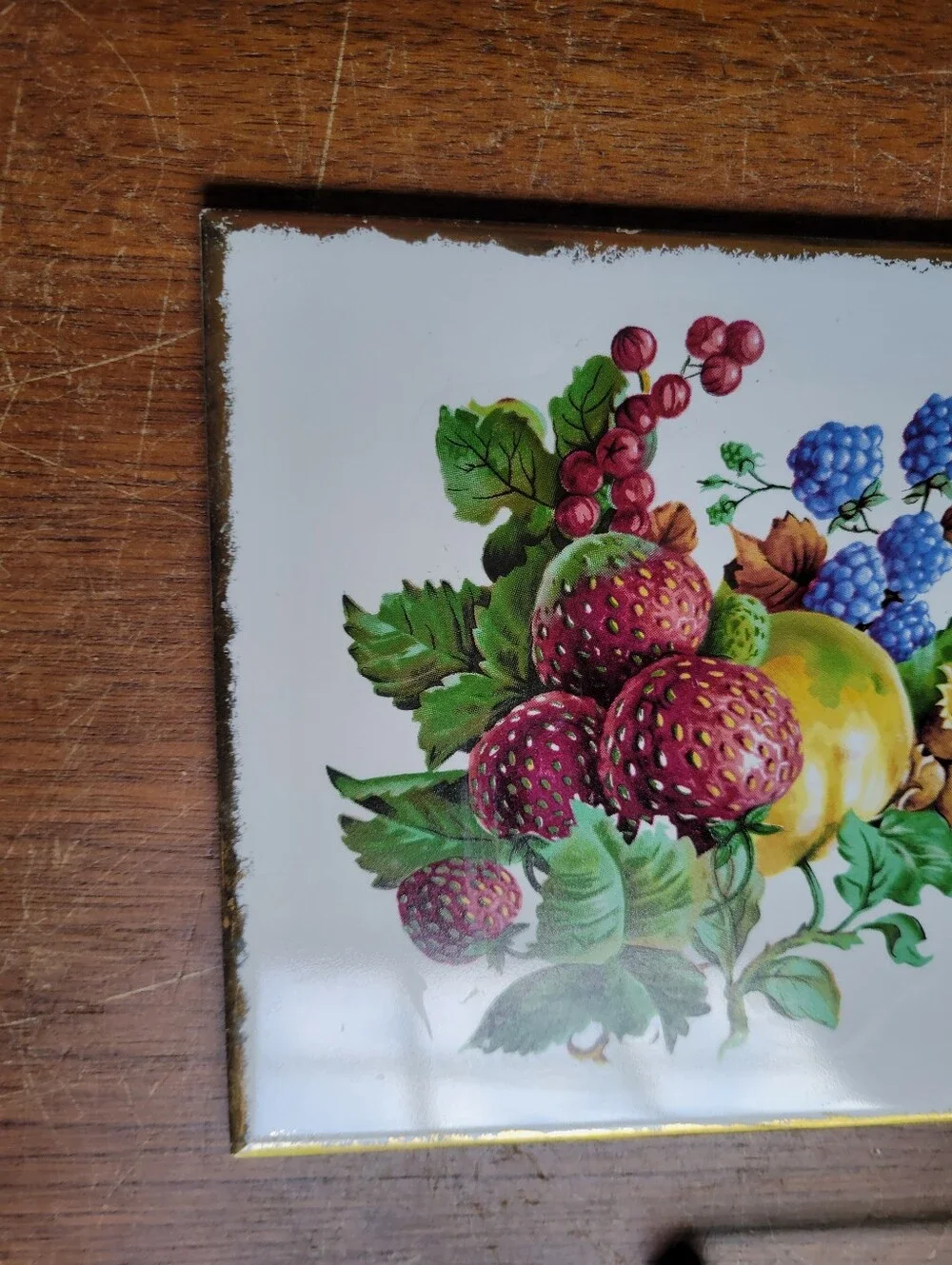 1970 Vintage Fruit Ceramic Tile Framed Artwork Trivets Set of 2 With Holder